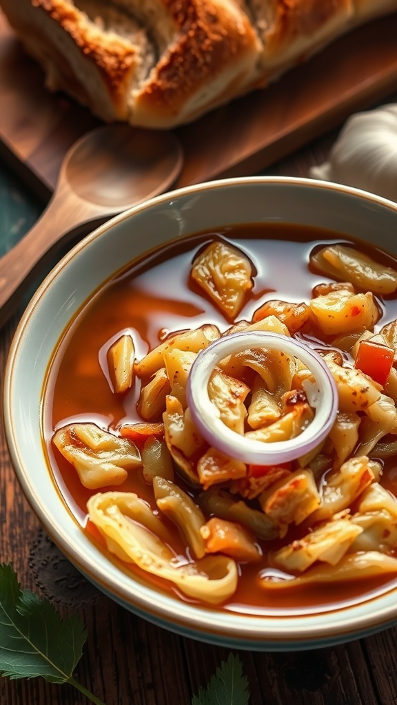 Slow-Cooked Savory Cabbage Recipe A bowl of savory slow-cooked cabbage with garlic and onion, garnished with paprika, on a rustic table with bread.